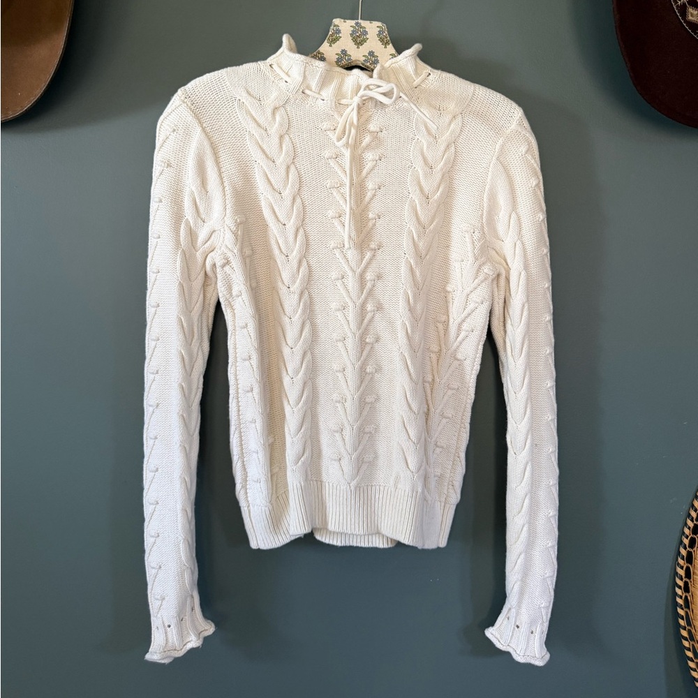 Anthropologie 1901 Elegant Cream Ruffled tie neck Sweater sz xs